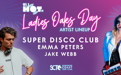 Stylised Ladies Oaks Day logo on a blue, purple, and pink ombre background. Emma Peters, Jake Webb, and Super Disco Club images accompany the list of artist names