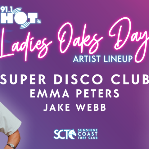Stylised Ladies Oaks Day logo on a blue, purple, and pink ombre background. Emma Peters, Jake Webb, and Super Disco Club images accompany the list of artist names