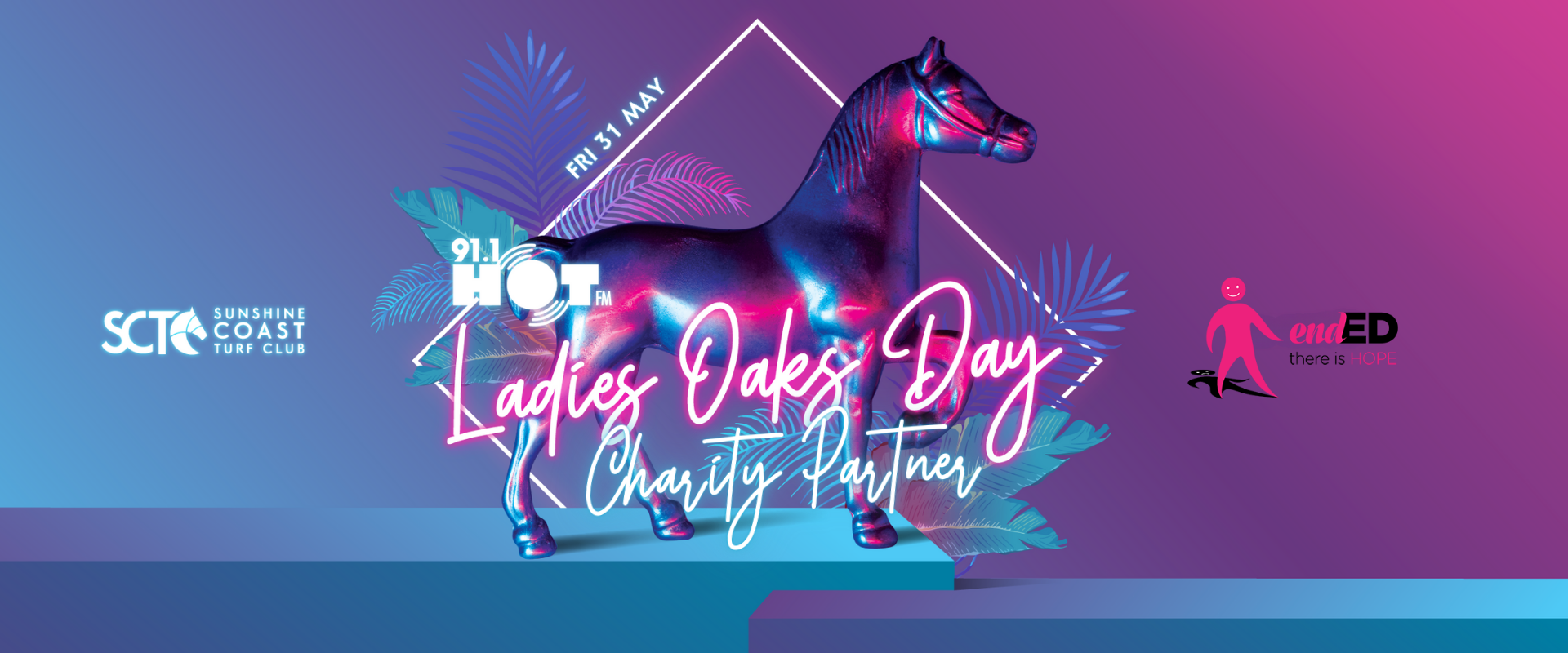 Sunshine Coast Turf Club Ladies Oaks Day 2024 hero creative with Charity Partner endED logo on stylized background.